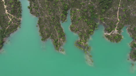 foto aérea de cerca de la orilla del lago saint cassien con árboles y un camino
