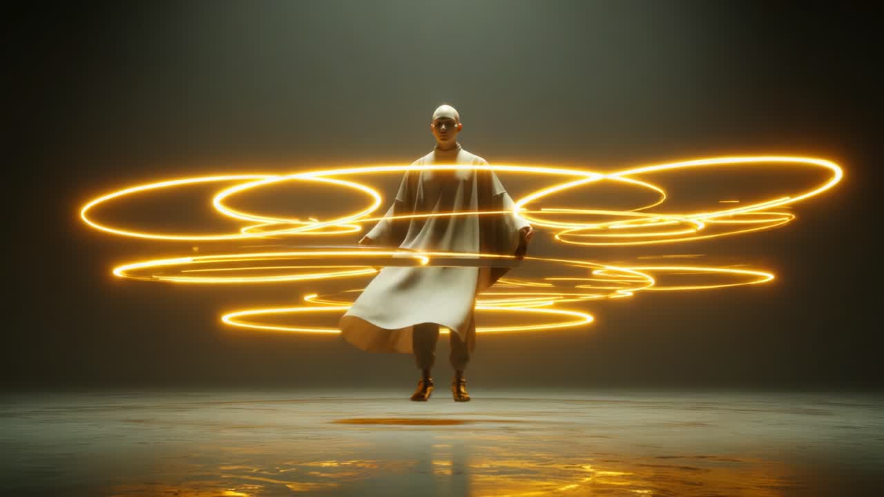 A mesmerizing figure gracefully levitates amidst swirling golden rings, capturing the essence of energy and motion in a stunning visual display that blends artistry with dynamic movement