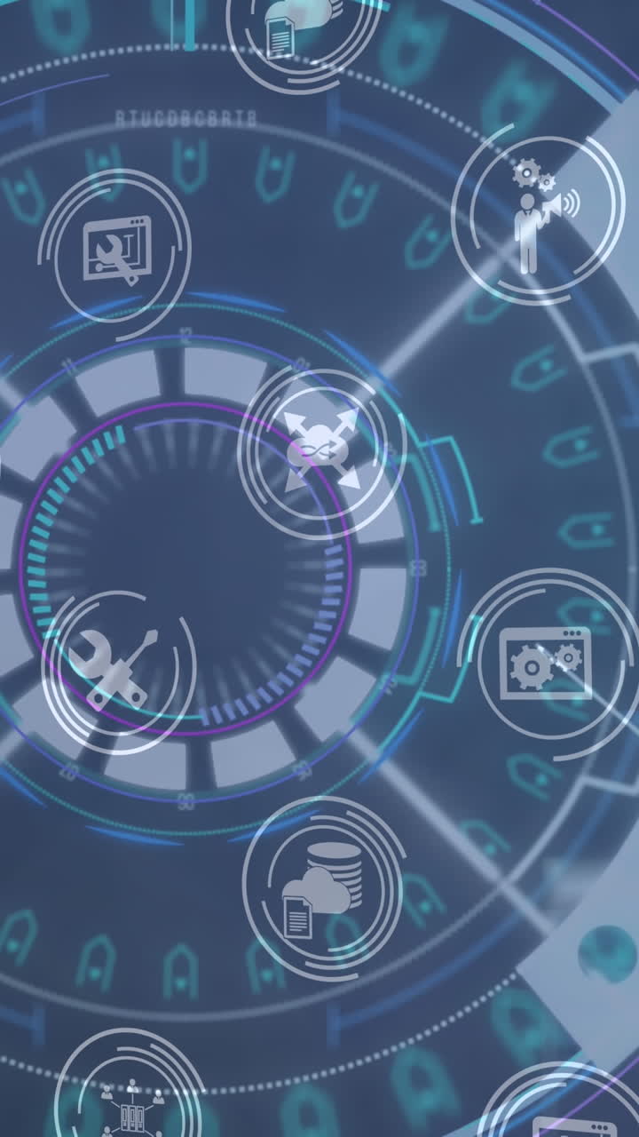 animación digital de iconos digitales en un patrón sin costuras contra un escáner redondo sobre fondo azul