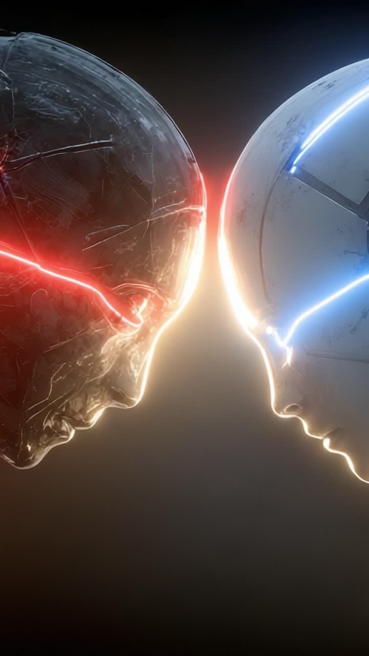 Un incontro teso tra due robot futuristici: un incontro ravvicinato catturato tra due teste distinte, una che irradia luce rossa, l'altra illuminata di blu tenue, a simboleggiare conflitto e armonia
