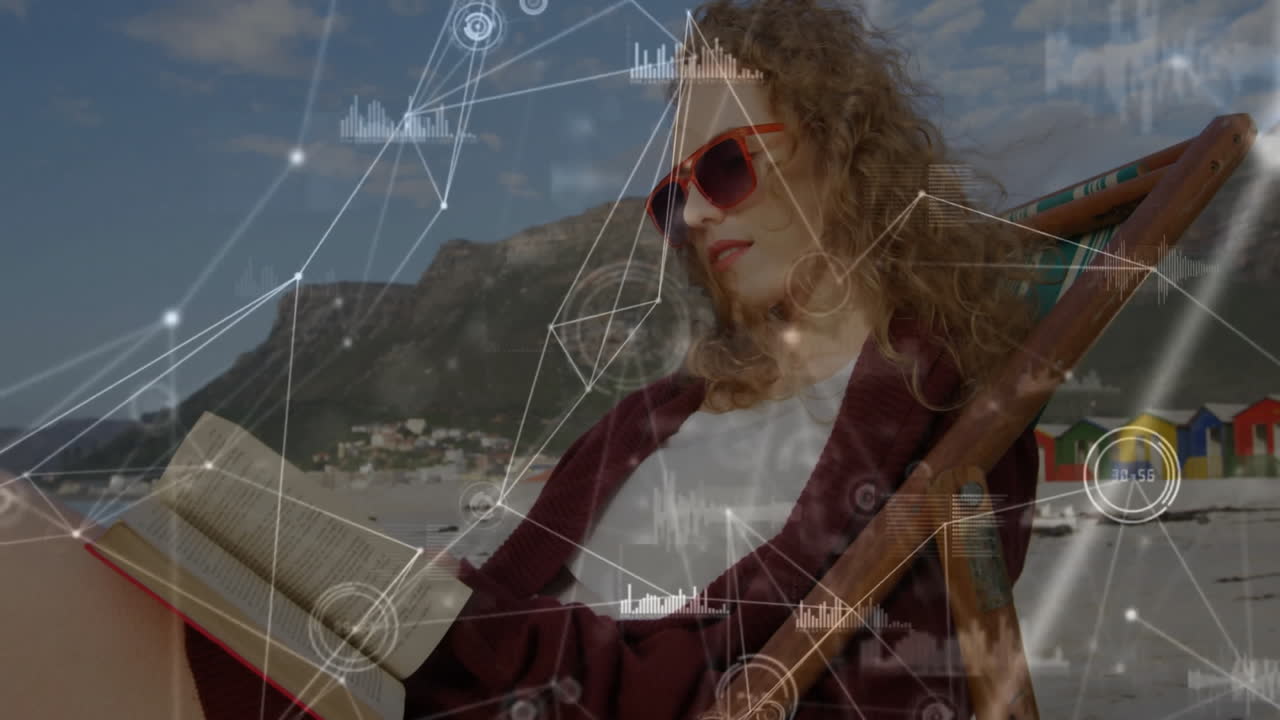 Woman reading on beach with network connections and data processing animation