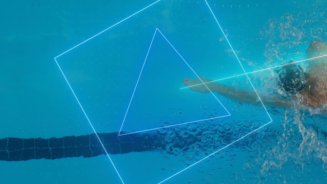 Bright point appearing on lane, neon HUD aligning hand while swimmer doing crawl for sports study