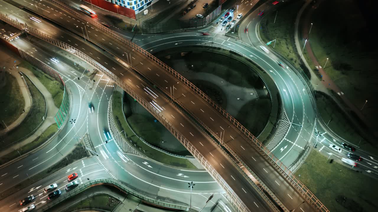 drone aerial time lapse atasco de tráfico de automóviles carretera de intercambio de círculo redondo por la noche, vista superior intersección de carretera intersección por la noche. coches timelapse conduciendo intersección ocupada cruce de carretera movimiento rápido