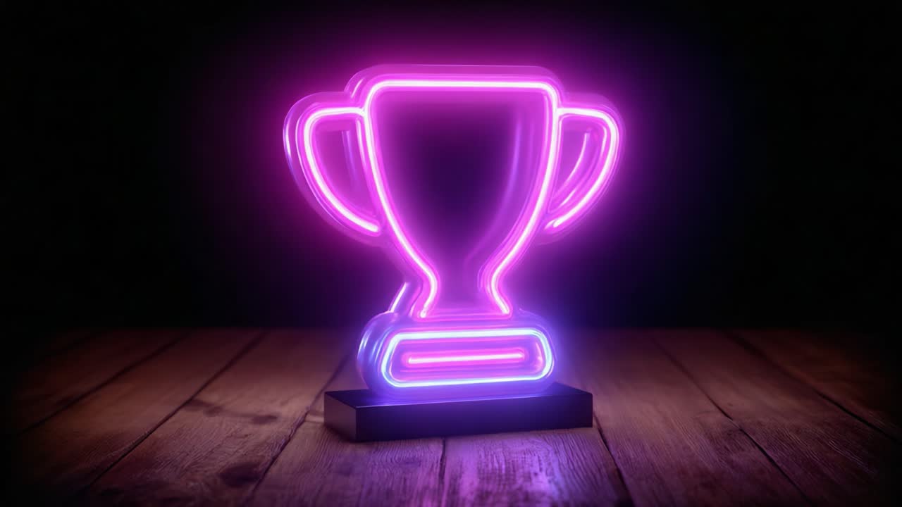 Illuminated Neon Trophy Glowing in Bright Pink and Purple Lights on a Wooden Surface, Celebrating Achievement and Victory in a Stylish Modern Design