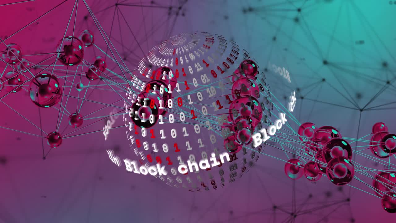 블록 체인 텍스트의 애니메이션, 바이너리 코딩의 글로브, 보라색 그라디언트 배경에 연결되는 점