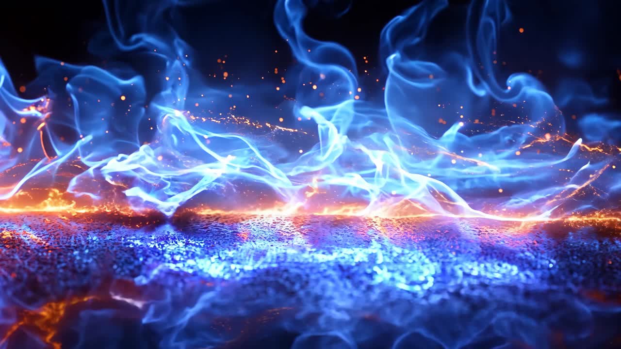 A blue flame with orange sparks is shown in the image. The blue flame is surrounded by orange sparks, creating a contrast between the two colors. Concept of energy and movement