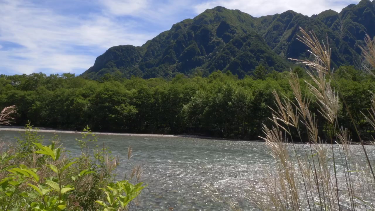 日本、松本市上高地の梓川と、背景に広がる森林に覆われた山々。広角ショット。