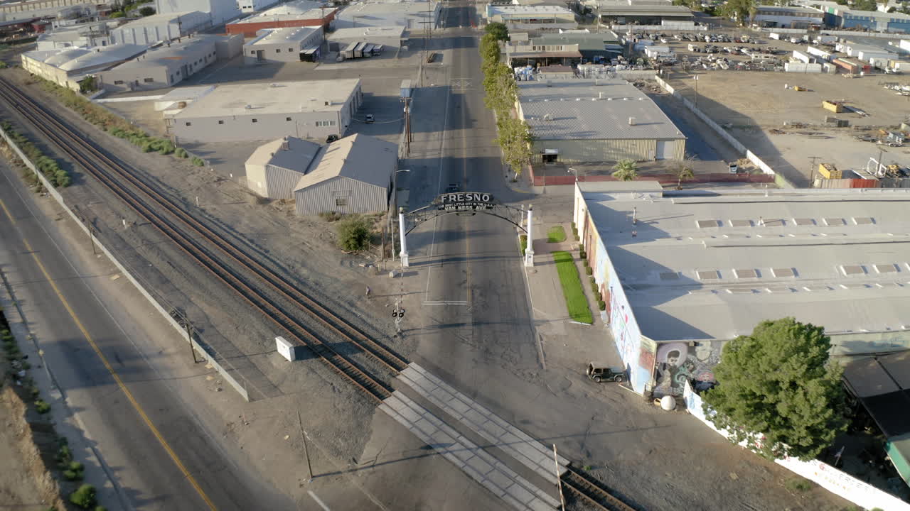 Aerial View of the Iconic Fresno City Entrance Archway on Van Ness Avenue, California