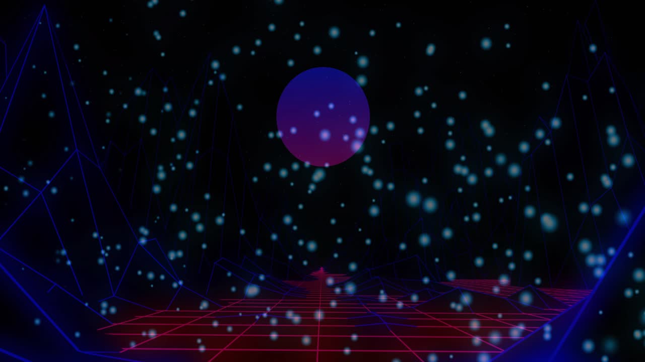 On start sphere hovering above neon grid and wireframes while cyan particles drifting evoking depth