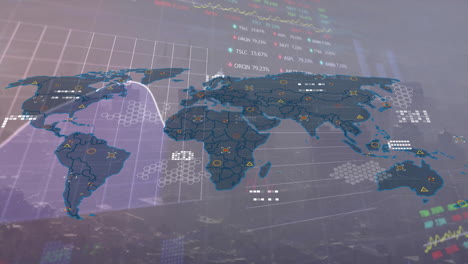 animation of data processing and world map over cityscape