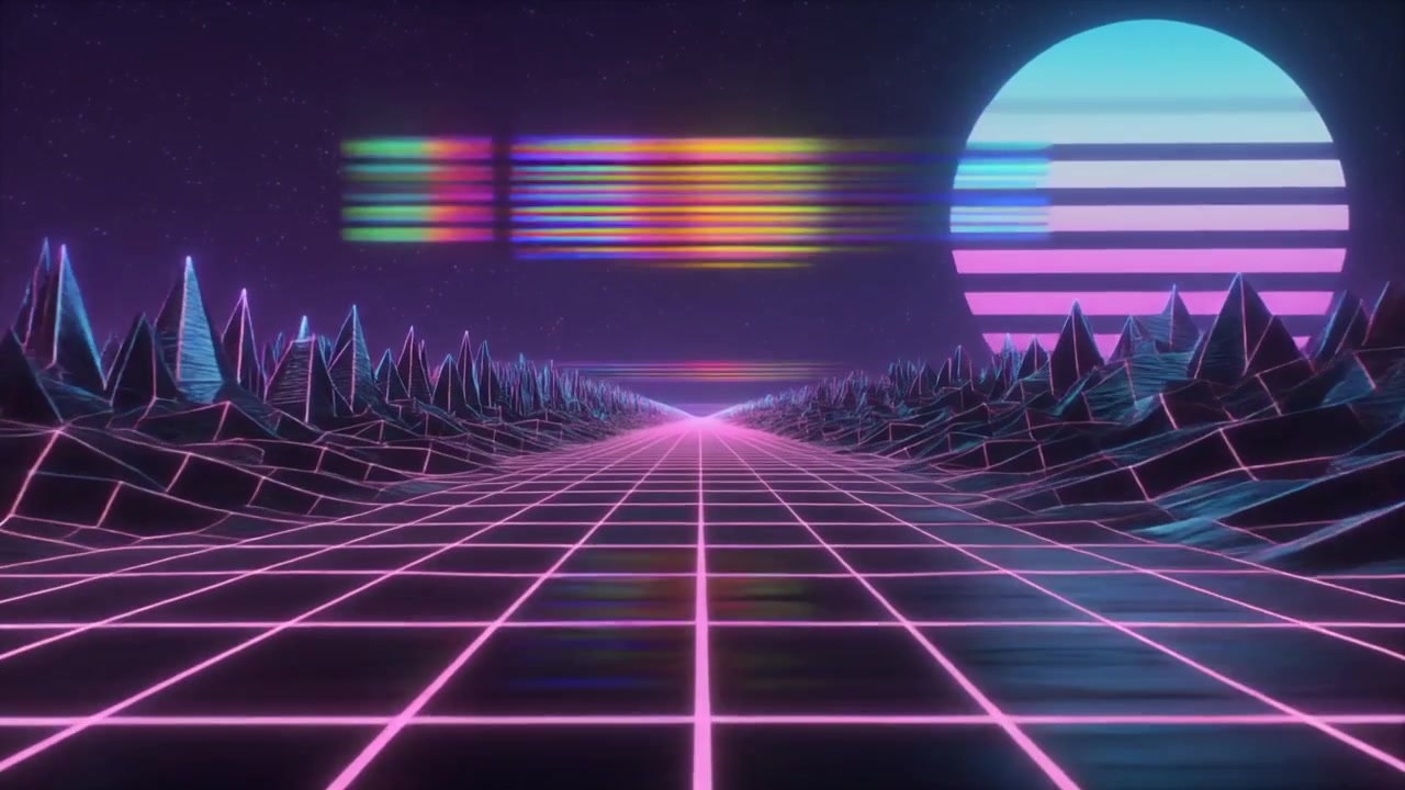 Retro Synthwave Landscape with Glowing Grid and Sunset