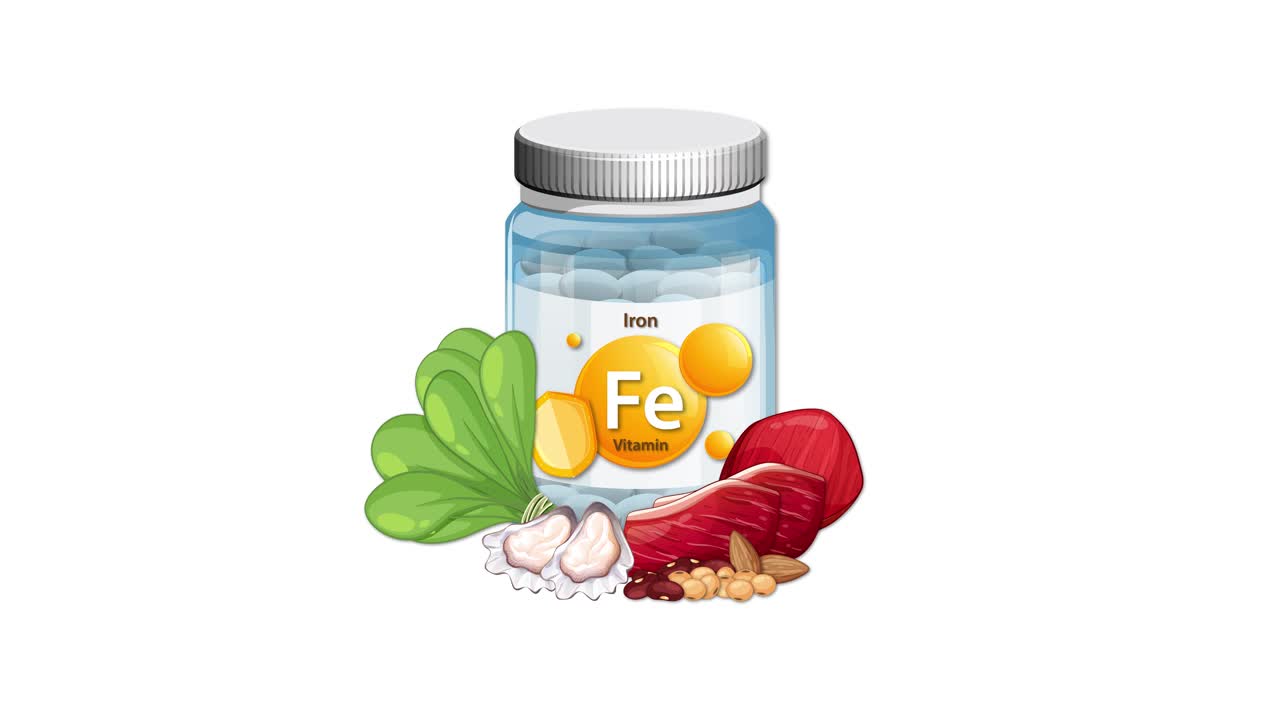 Iron supplement bottle with spinach, beetroot, mushrooms, and grains appearing smoothly in clean animation