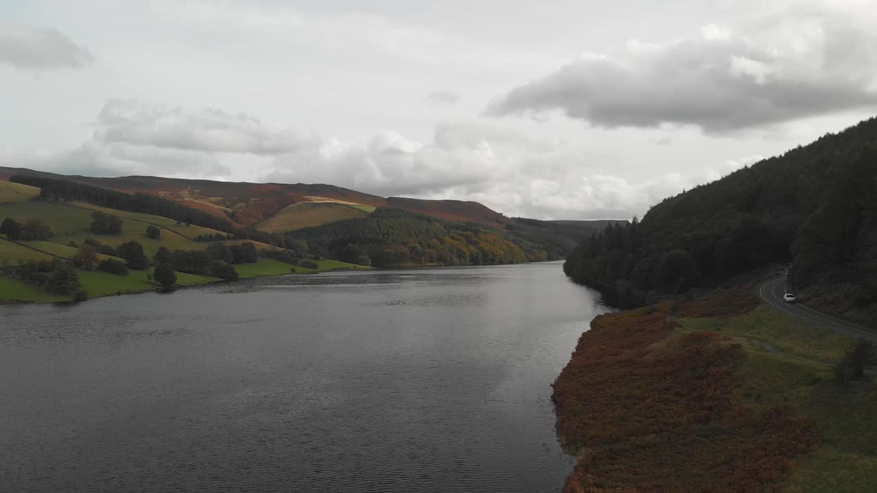 Aerial Footage over Derwent Reservoir, Derbyshire, UK. Derwent Reservoir ends in the famous Derwent Dam, famed for being used as a practice ground by pilots for the Dam Busters raids during WW2