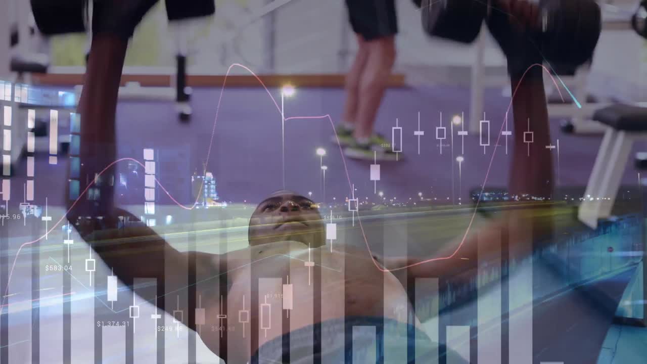 Animation of data processing over strong man exercising with dumbbells