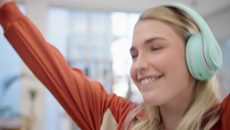 music, headphones and dance with woman in living