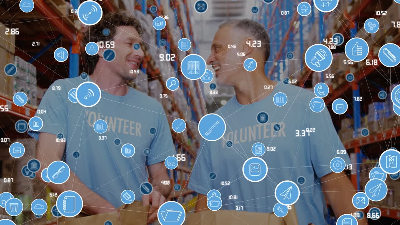 행복한 백인 남성 창고 노동자들이 손을 박고 있는 아이콘의 애니메이션