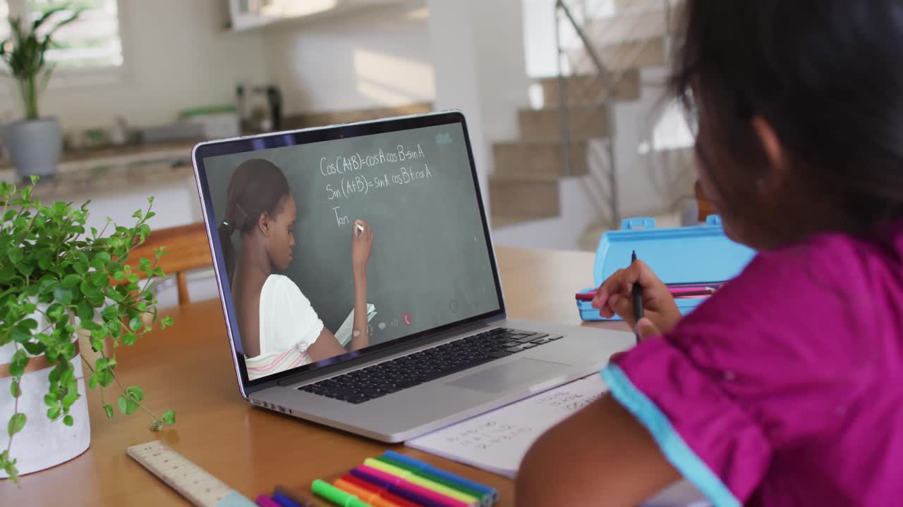 chica afroamericana haciendo la tarea mientras tiene una videollamada con una maestra en una computadora portátil en casa