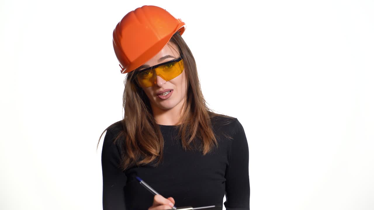 Female construction engineer. Woman builder isolated portrait with protect helmet