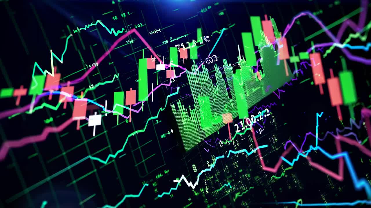 Dynamic video of financial graphs and charts in vibrant colors, captured from a tilted angle