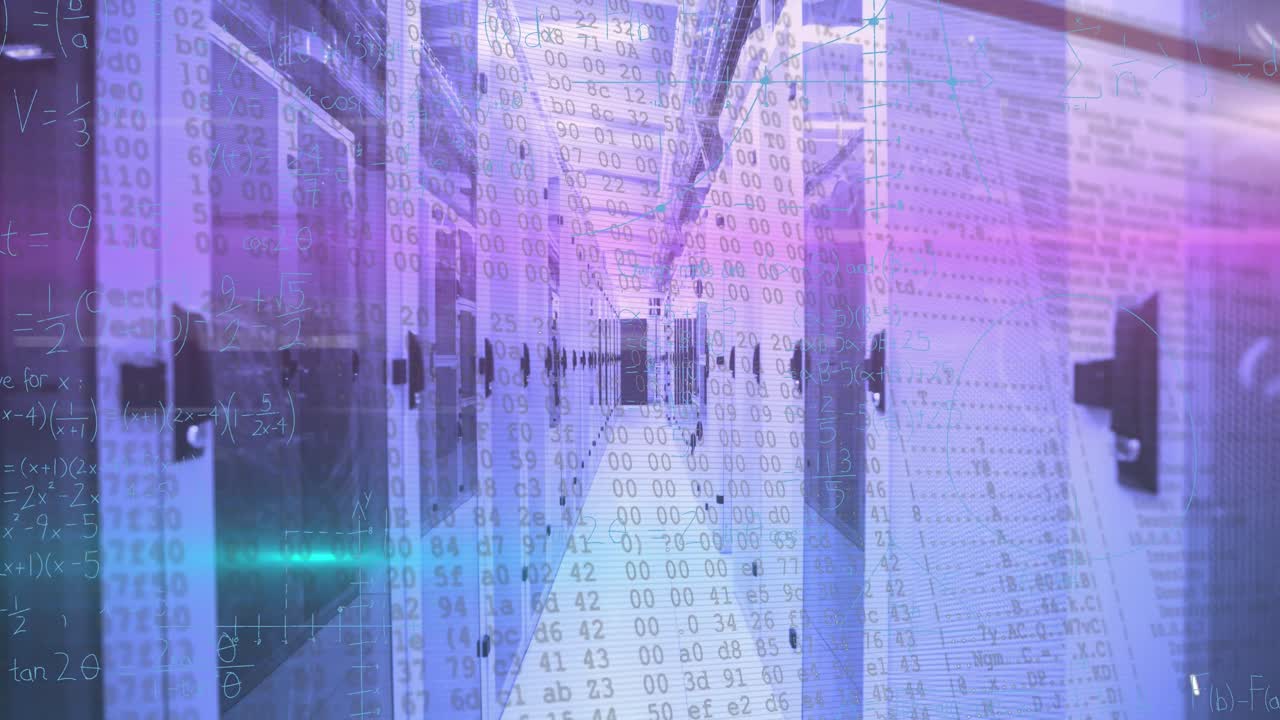Animation of numbers, computer language and mathematical equations over server room