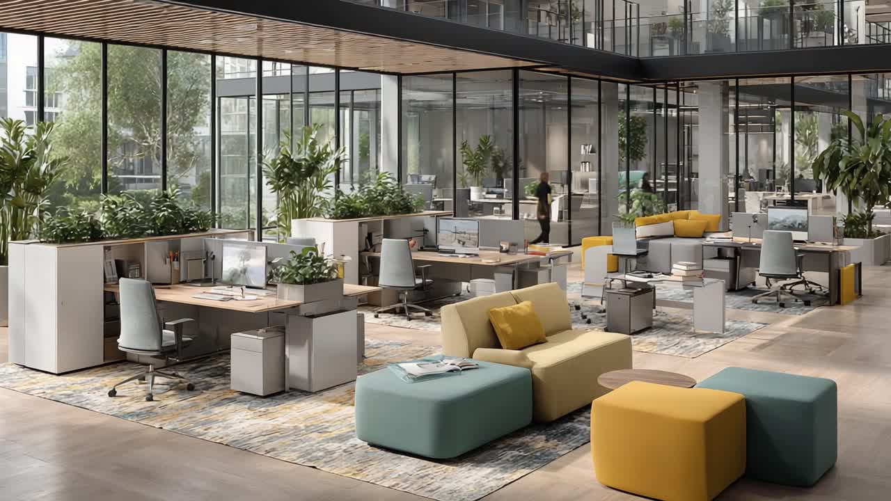 Moderne kontorlokaledesign: Et innbydende og samarbeidsorientert miljø med naturlige elementer og fleksible arbeidsstasjoner for økt produktivitet