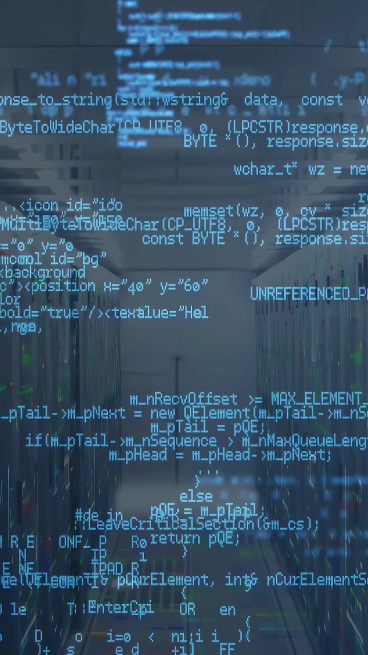 Vertical video: Camera moving down datacenter aisle, blue code swelling then revealing racks for IT