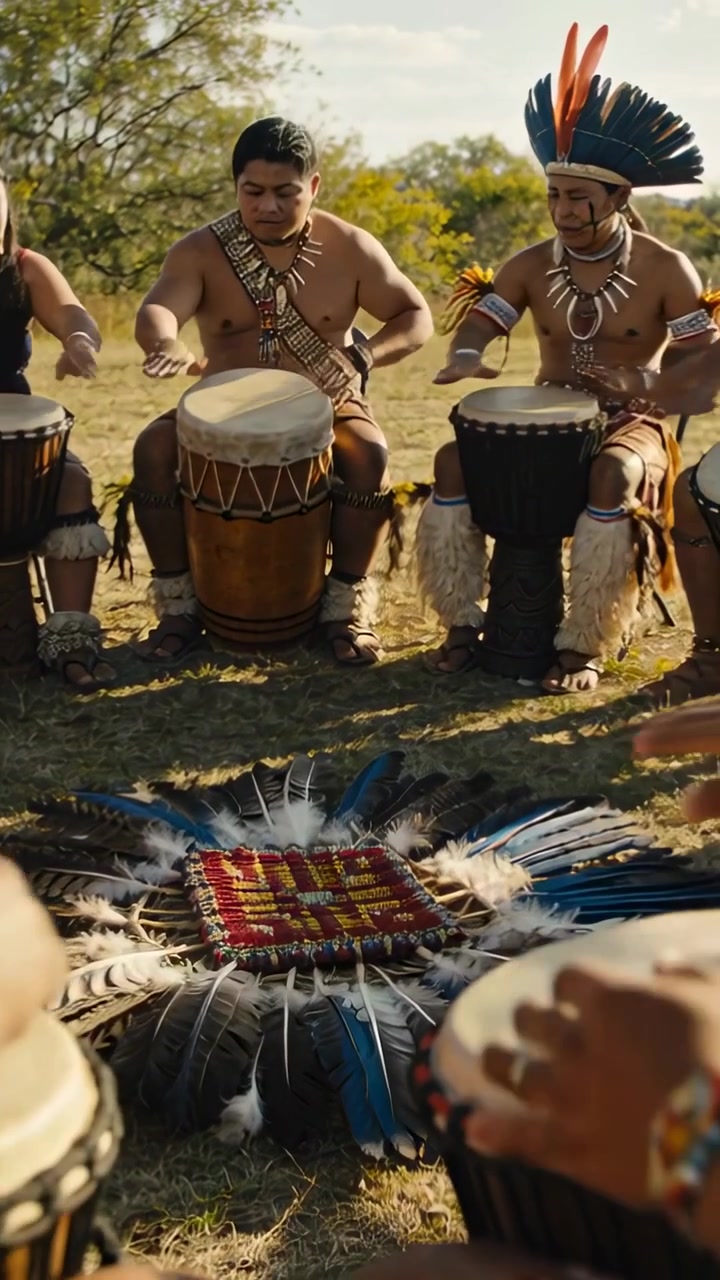 Video verticale: Leader che dà il segnale, percussionisti in abiti cerimoniali che suonano i tamburi sull'erba per un rituale con piume