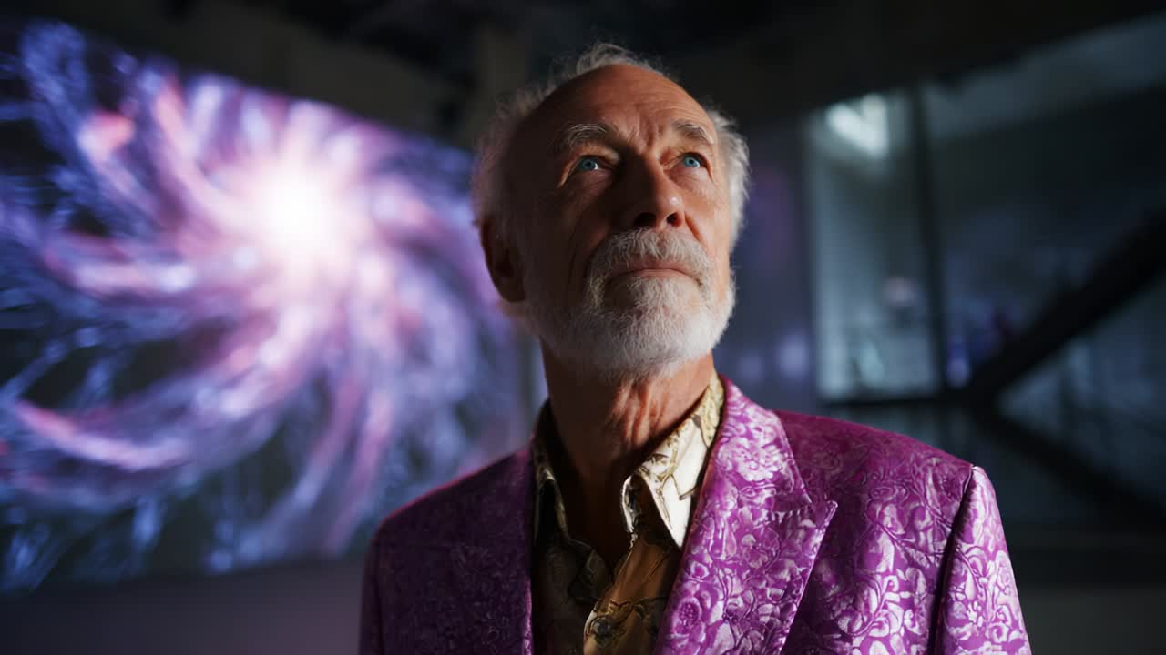 A Thoughtful Elder in a Purple Suit Contemplates Art in a Vibrant Gallery, Surrounded by Captivating Motion Graphics that Emanate Colorful Lights and Abstract Patterns, Creating a Dreamlike Atmosphere