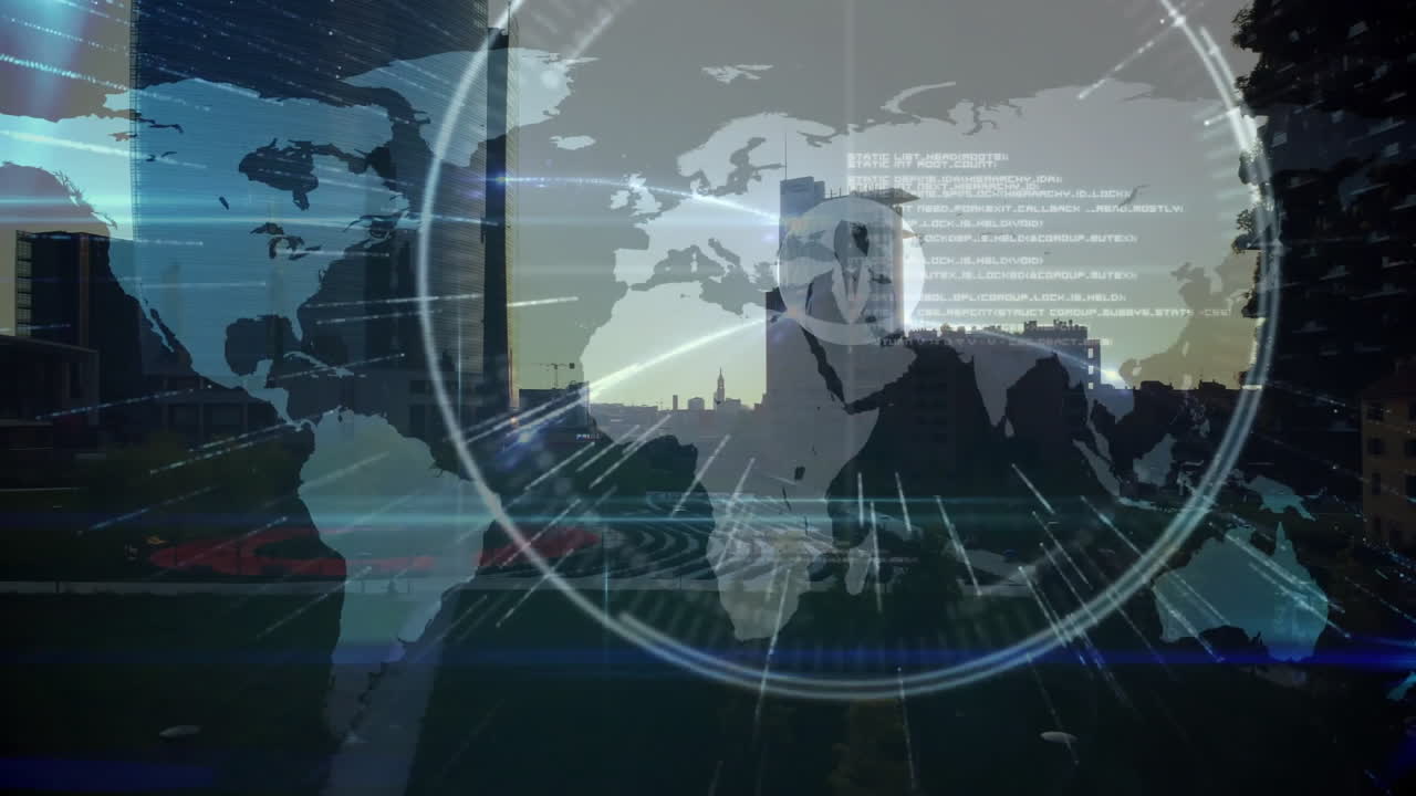 World map and digital interface animation over cityscape at sunset