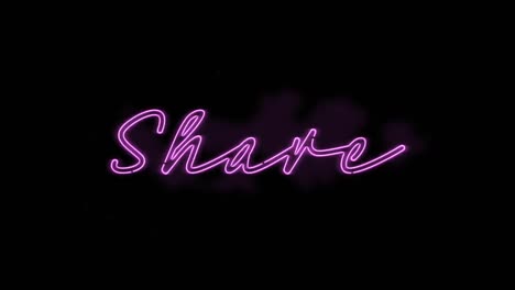 animation of pink neon text, share, on black background