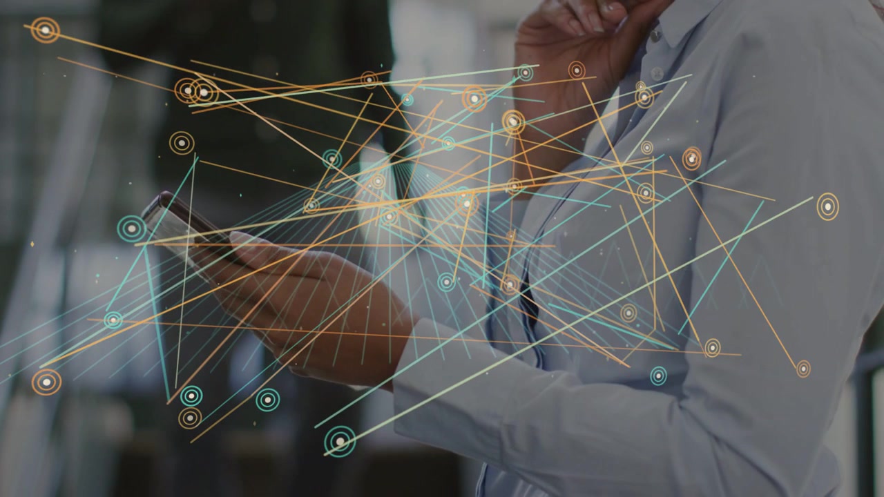 Woman tapping phone in office atrium, animating expanding network nodes and lines for data review