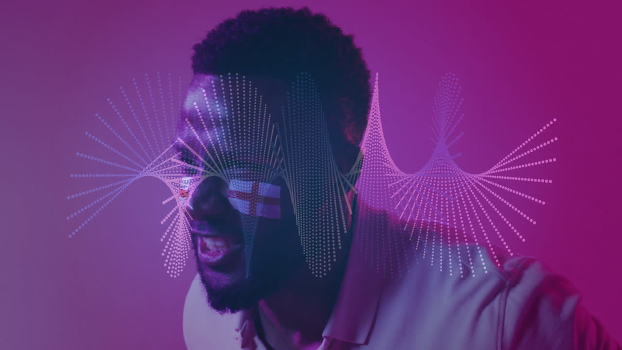 Man with face paint and digital soundwave animation over purple background