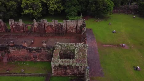 aerial pan across san ignacio ruins argentina, cloudy day perfect illumination