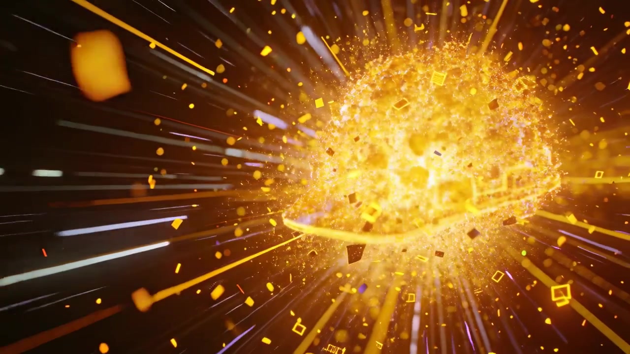 Bagliore che si intensifica, cappello a wireframe arancione neon che si frammenta nel vuoto digitale, formando un nucleo luminoso.