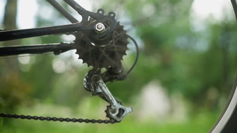 close-up of bicycle's rear wheel and gear system rotating briefly, the chain and cogwheel are in focus, while the background consists of blurred greenery