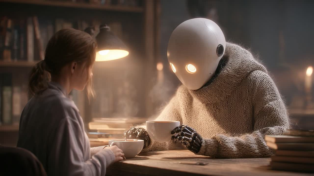 A Unique Encounter: A Person and a Robot Share a Quiet Moment Over Hot Beverages in a Cozy Library Setting, Encapsulating the Essence of Connection Between Humanity and Technology