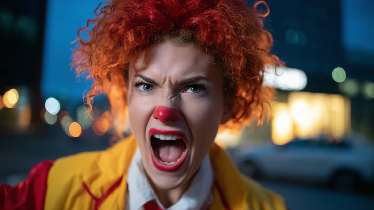 Retrato intenso de um palhaço: close-up de uma mulher com cabelo ruivo e nariz vermelho expressando raiva em um cenário urbano durante a noite
