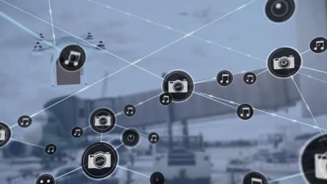 Animation-of-networks-of-connections-with-icons-and-digital-drone-over-airport