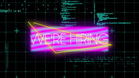 Animation-of-we're-hiring-neon-text-and-data-processing