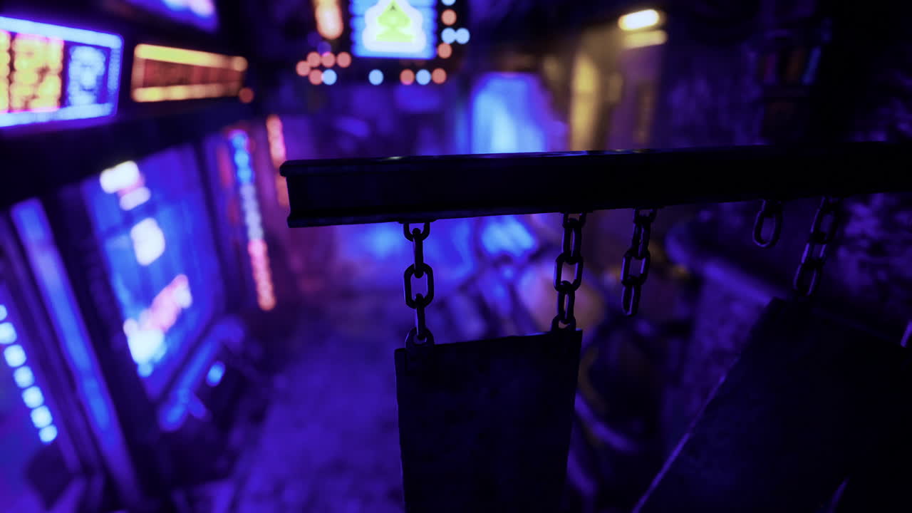 Vibrant neon lights illuminate a bustling alleyway at night in the city