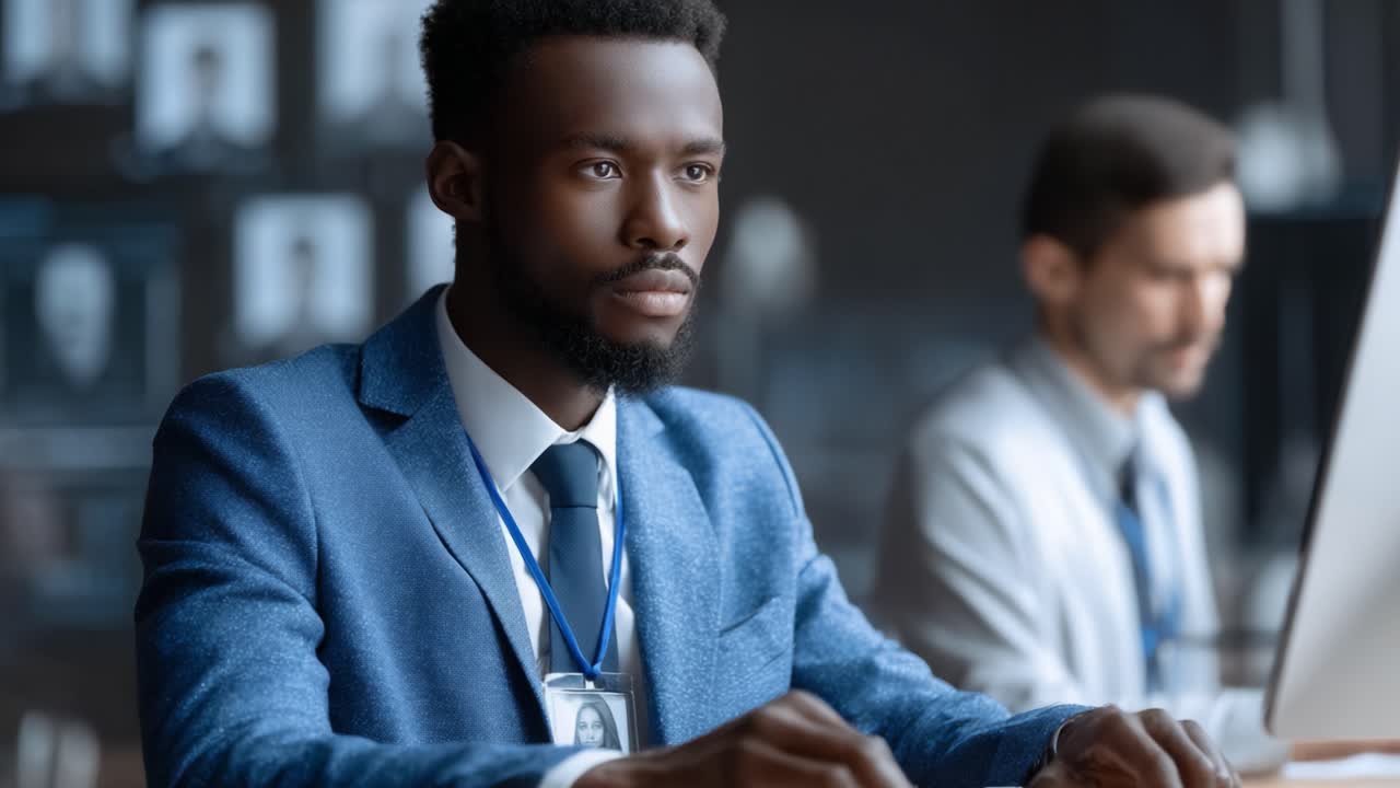 Professionista concentrato in abbigliamento da lavoro, impegnato a lavorare alla scrivania di un ufficio moderno, mentre un collega lavora sullo sfondo