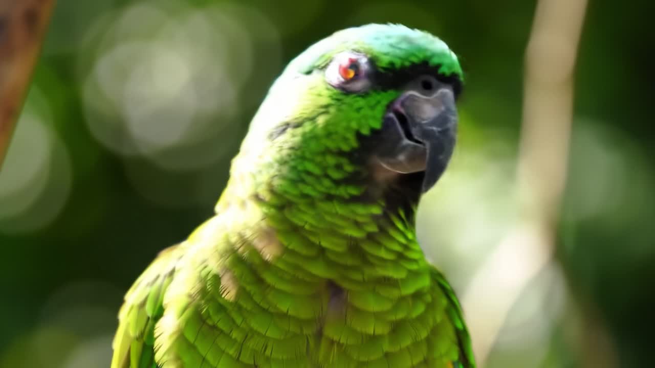 This clip highlights a beautiful green parrot perched in a tree, displaying its colorful feathers and unique features. Surroundings are lush and alive, providing a vivid backdrop.