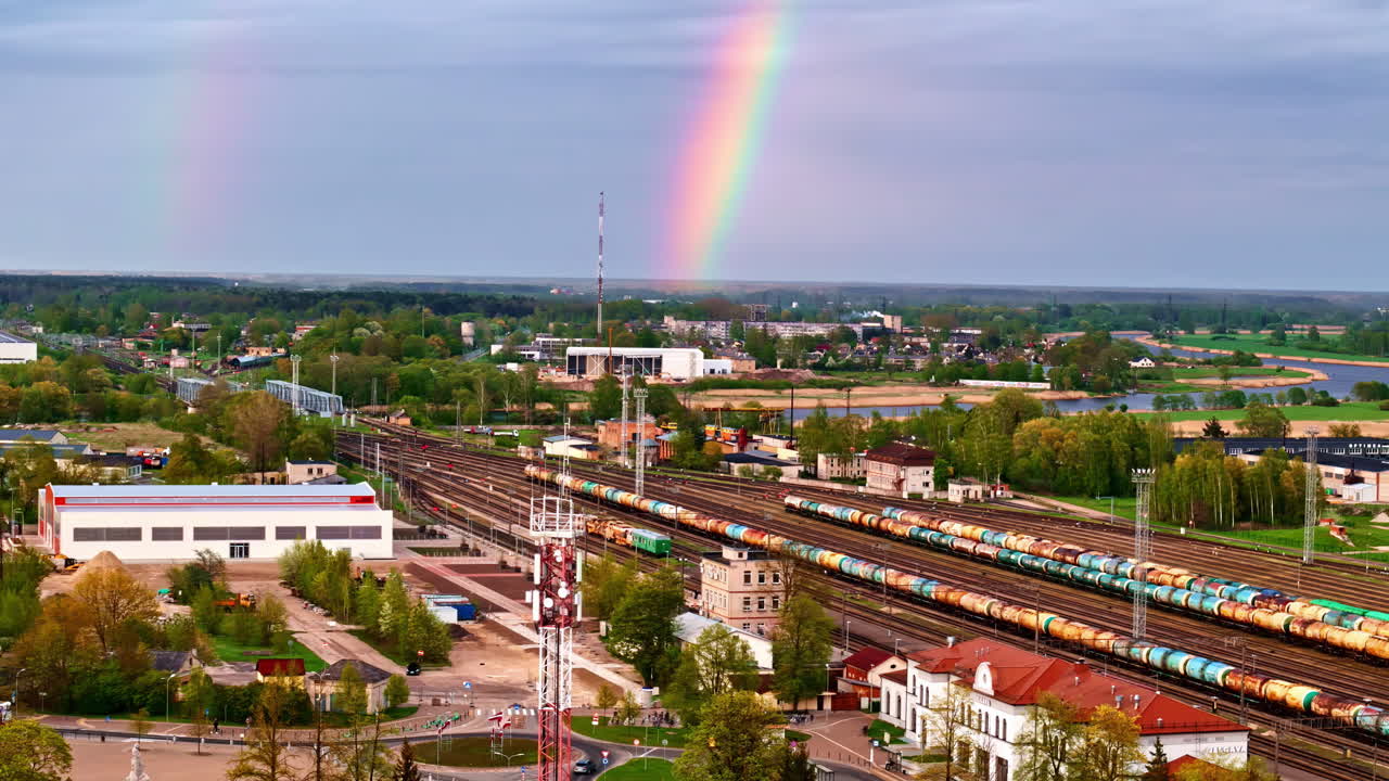 Jelgava railway station rail freight train, rainbow after rain skyline Latvia transport network