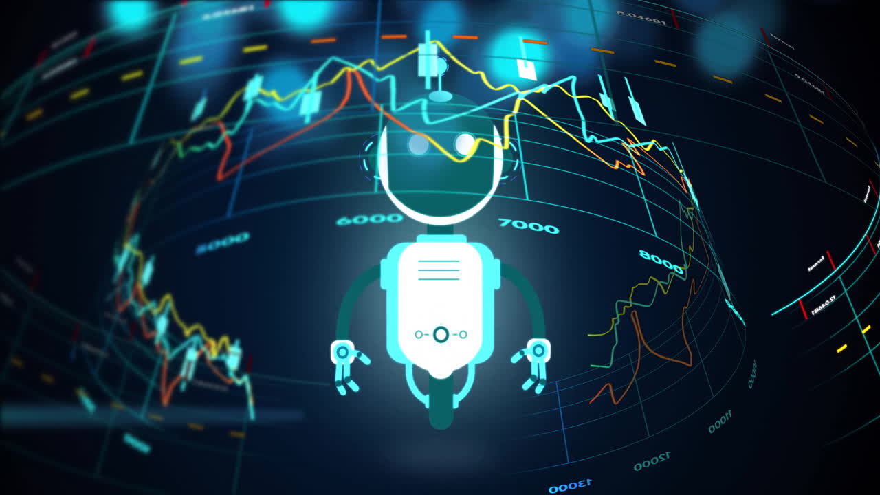 Animation of digital data processing and chat bot over globe
