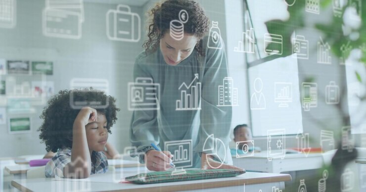 Teacher reaching to guide student hand writing on tablet for education, business icons overlaying