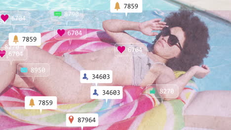relaxing on colorful float in pool, person receiving animation of notifications