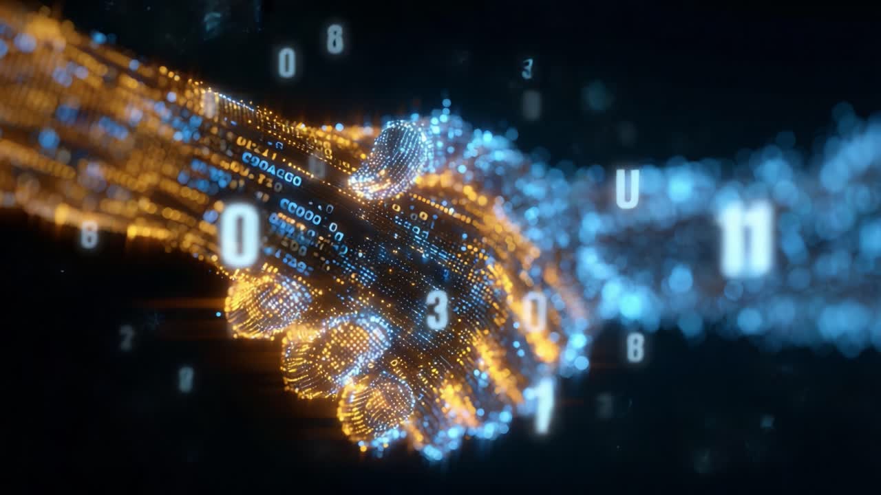 Futuristic digital handshake forming from particles against a background of streaming binary code, symbolizing partnership, technology agreement, and secure online transaction in cyberspace