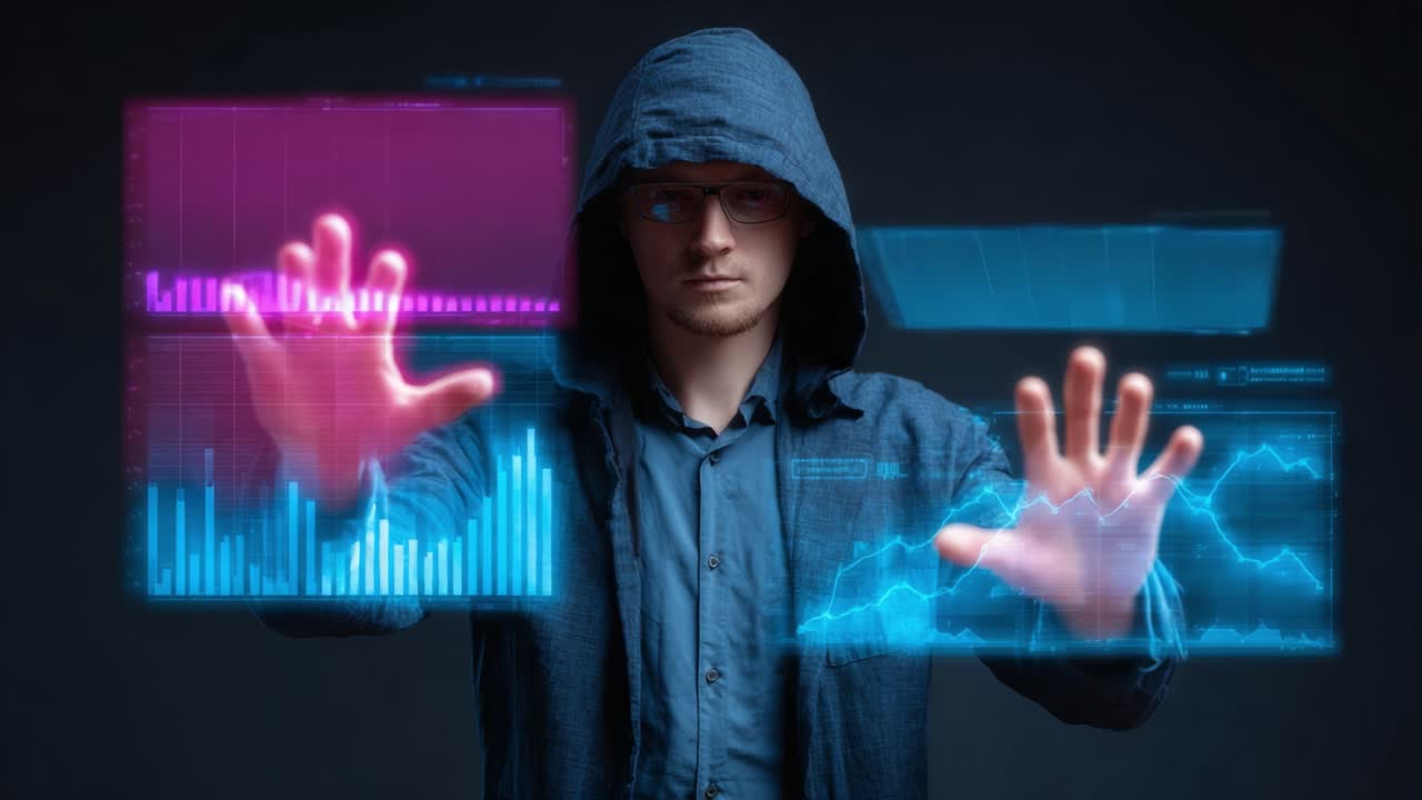 A futuristic figure in a hooded jacket interacts with advanced holographic data visualizations, showcasing analytics and graphs in a dark, immersive environment