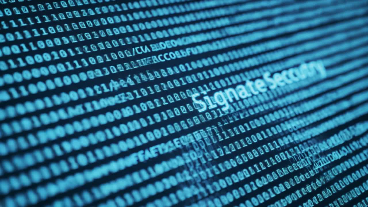 A Close-Up Exploration of a Digital Display Containing Binary Code and Text, Highlighting Concepts of Information Security and Data Representation