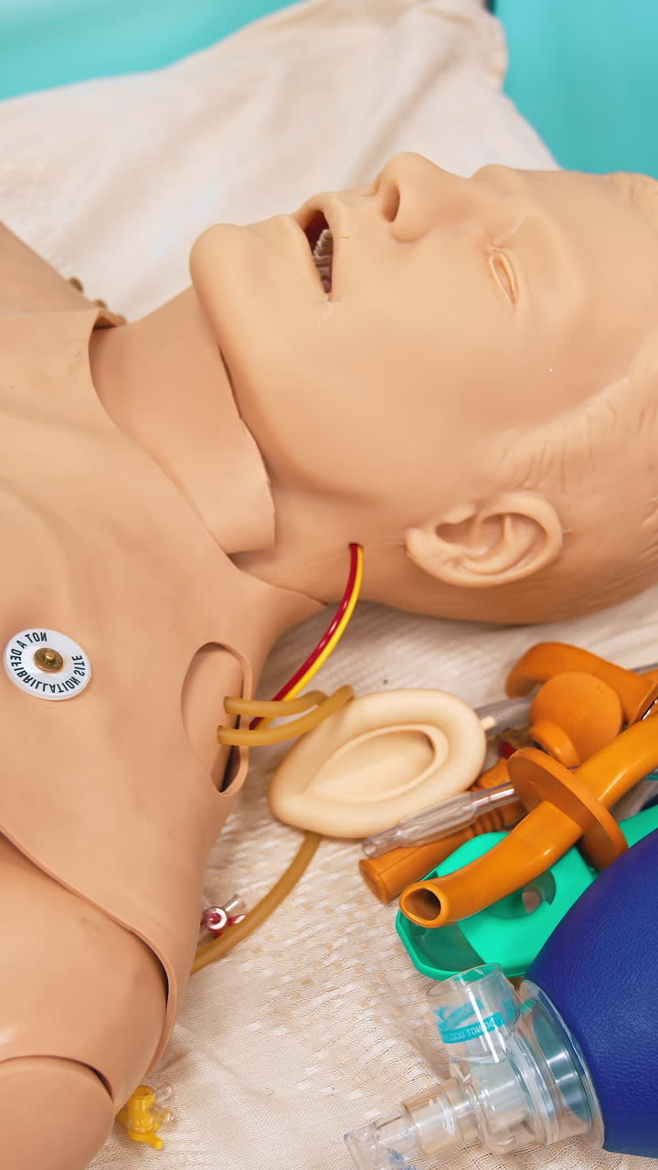 Plastic model of a man in hospital room. Male dummy with special equipment for teaching treatment. Mannequin to practice for university students. Close-up. Vertical video